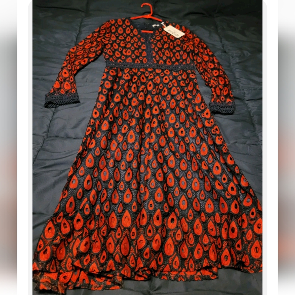 Sharan Fushi Dress Long Sleeve Lace Red and Navy Blue Size 2xl NWT